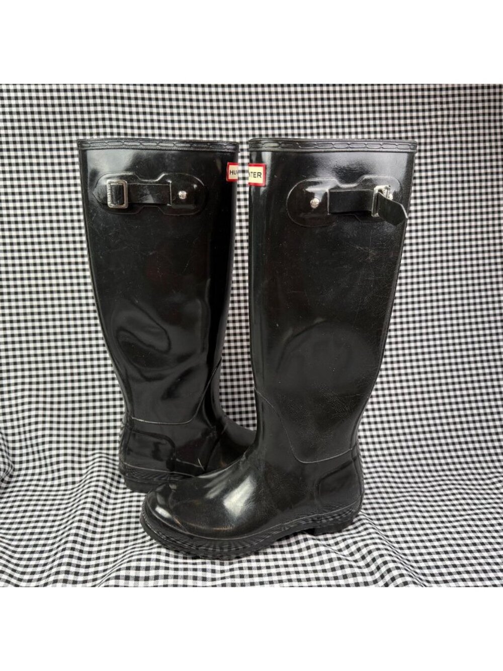 Hunter Original Tall Rain Boots Black Glossy Waterproof Buckle Wellies Size 8